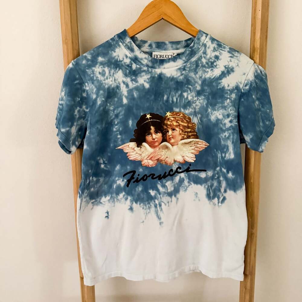 Fiorucci Blue Tie Dye Angels Graphic T-Shirt XS Cotton Short Sleeve Tee